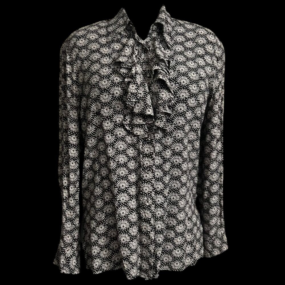 Vintage Black and White Patterned Button Up Ruffle Blouse Size 8